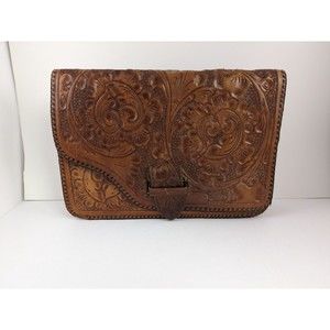 VINTAGE Hand Tooled Leather Western Floral Clutch / Hand Bag Purse 11" x 8"